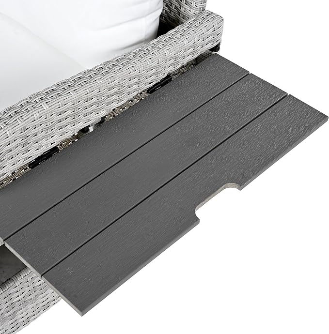 GDFStudio Brava Patio 5-Piece Conversation Set, Outdoor Rattan Sectional Sofa Set with Extendable Side Tables, Dining Table and Bench, L Shaped PE Wicker Furniture Set for Garden, Poolside, White