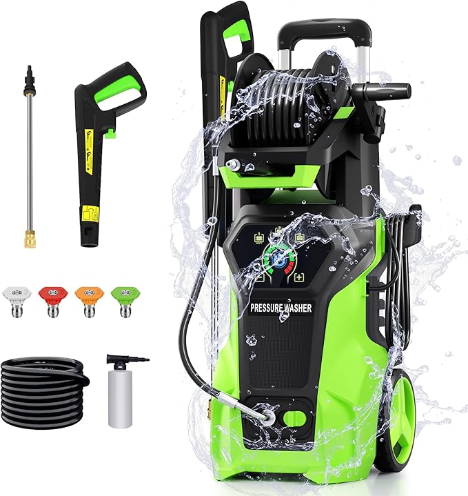 𝟓𝟎𝟎𝟎𝐏𝐒𝐈 𝐏𝐫𝐞𝐬𝐬𝐮𝐫𝐞 𝐖𝐚𝐬𝐡𝐞𝐫 Cleaner, Portable Car Washer with 4 Quick Connect Nozzles, Foam Cannon (Green)