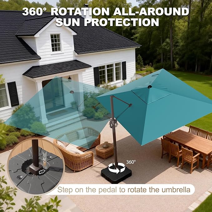 9' X 12' Cantilever Patio Umbrella Rectangle Outdoor Umbrella, 6-Level Tilt & 360° Rotation Offset Umbrella for Garden, Deck, Pool (Turquoise)