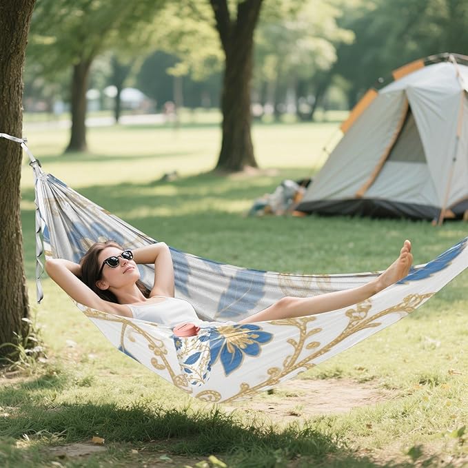 Blue and Golden Flower Leaves 330lb Capacity Hammocks with Portabl Carry Bag Tree Hammock for Camping & Hiking Essential jamaca para Patio