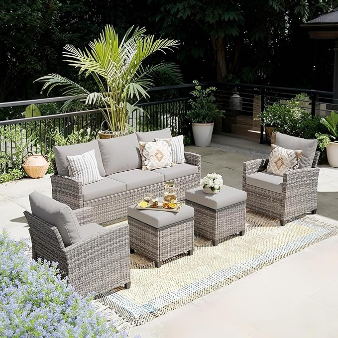 5 Piece Patio Furniture Set, All Weather Outdoor Sectional Set, Wicker Outside Furniture Patio Sofa Set for Backyards, Porch, Poolside, Garden, Balcony (Gray & Gray)