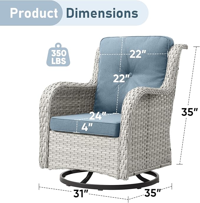 Outdoor Swivel Rocker Patio Chairs-Wicker Patio Swivel Chairs Set of 2 PE Rattan Patio Furniture for Porch Deck Balcony Garden-Light Grey/Light Blue