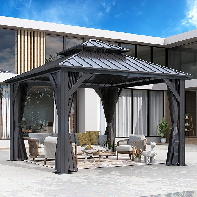 GARTOO 12'x12' Outdoor Hardtop Gazebo with Double Roof - Heavy-Duty Galvanized Steel Top Aluminum Frame Gazebo with Breathable Netting & Privacy Curtain for Patio, Porch, Garden, Lawn, Deck, Backyard