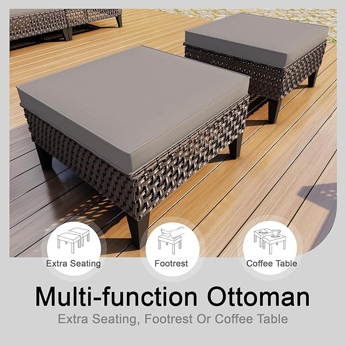 7 Pieces Patio Conversation Set, Wicker Rattan Sectional Modular Sofa Seating Set with Armchairs and Ottomans, Outdoor Furniture for Porch, Poolside, Deck, Balcony, Backyard, Yard (Gray Cushions)