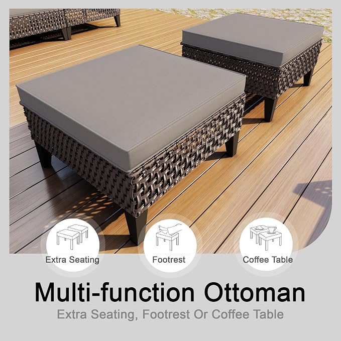 14 Pieces Patio Conversation Set, Wicker Rattan Sectional Modular Sofa Seating Set with Armchairs and Ottomans, Outdoor Furniture for Porch, Poolside, Deck, Balcony, Backyard, Yard (Gray Cushions)