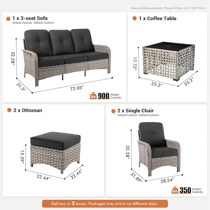 6-Piece Outdoor Patio Furniture Set with Glowing Coffee Table,All Weather Wicker Rattan Patio Seating Sofa and Chair Set with Ottomans,Outdoor Conversation Sets for Porch Deck Yard,Black