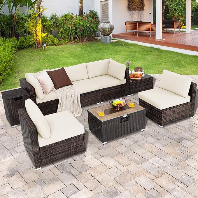 Tangkula 8 Piece Outdoor Wicker Sofa Set, Patio Rattan Conversation Set w/32” Propane Fire Pit Table & Tank Holder, 40,000 BTU Heat Output, Cozy Seat & Back Cushions, Fire Pit PVC Cover (Off White)