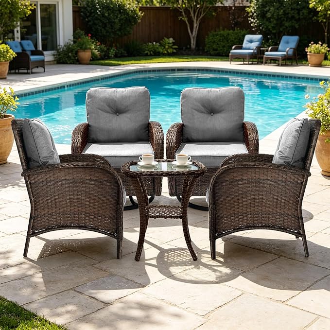SHGJ&SOFT All Weather Patio Furniture Set, High Back Swivel Rocker Glider Chairs，Ottomans & Glass Tables, Outdoor Conversation Set for Deck Porch Yard Poolside (Grey, 5PCS-Swivel Chairs&Chairs&Table)