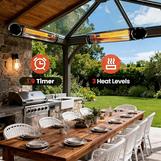 Electric Outdoor Heater, Infrared Patio Heater for Outdoor/Indoor Use, Wall Mounted/Ceiling/Infrared Heater Outdoor, 1500W Electric Patio Heater, MATT BLACK