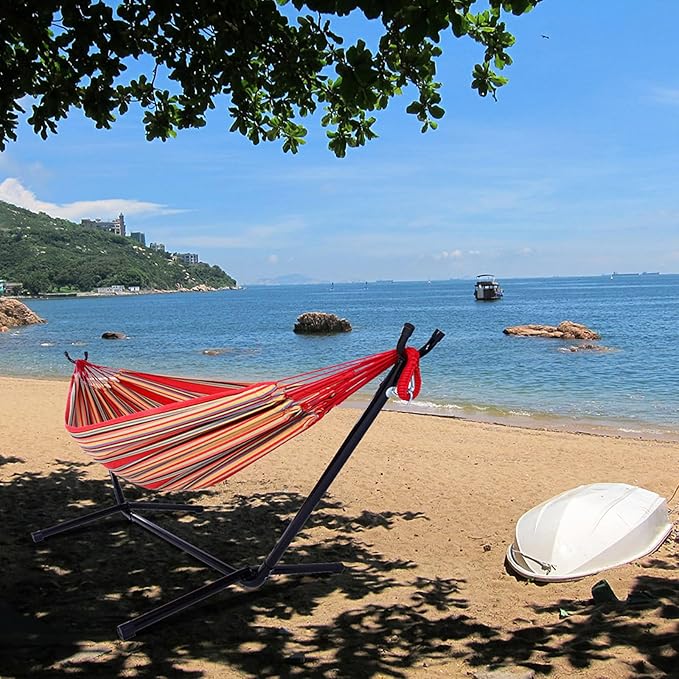 Hammock with Stand for Outside, 250lbs Portable Hammock, Heavy Duty Metal Frame, Breathable & Comfortable, Outdoor Gear, Easy to Setup, Hammocks for Camping, Hiking, Travel, Backpacking, Red Stripes