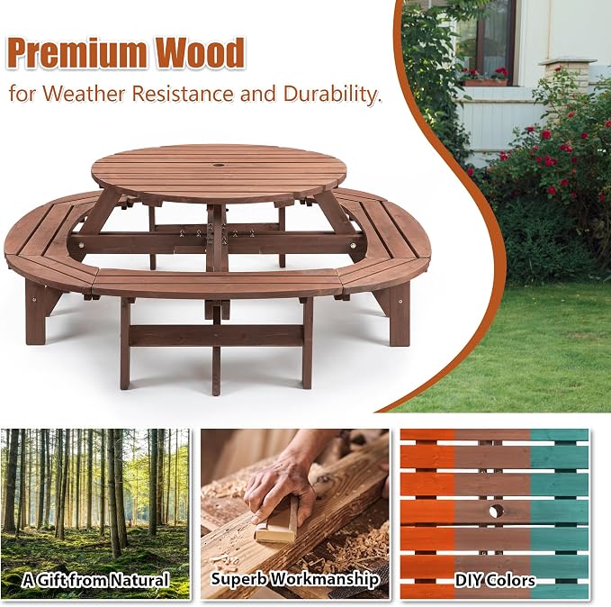 12-Person Picnic Table and Chairs Set, Outdoor Round Wooden patio Tables with DIY w/1 Built-in Ring Stool & Umbrella Hole, 500-lb Weight Capacity for Patios, Backyard (Walnut Brown, 10-12-person)