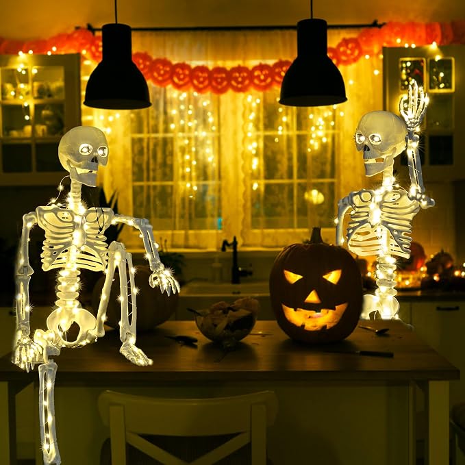 2 Pack 40 Inches Plug Operated 400 LED Light Up Halloween Skeleton Full Body Posable Movable Jonints for Halloween Decoration Décor