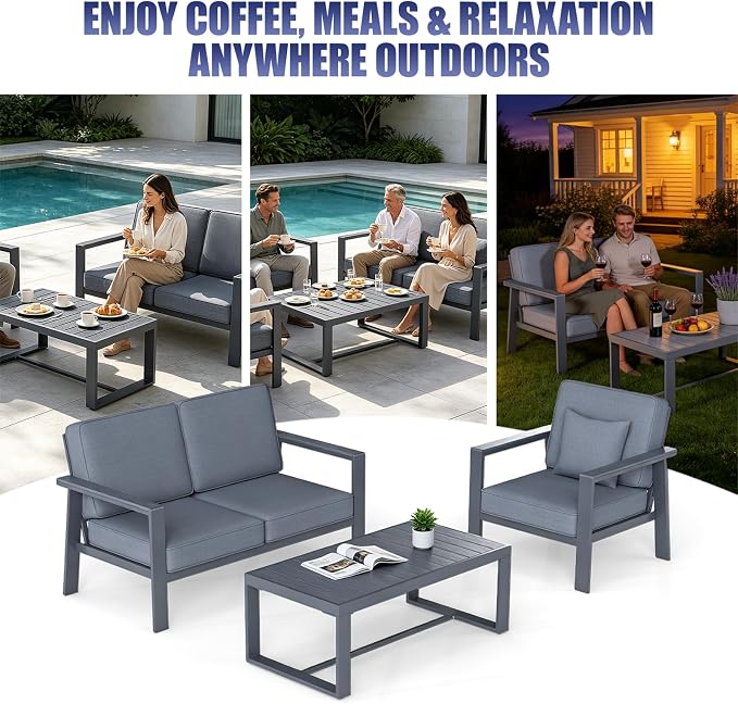 Premium Aluminum Patio Furniture Set 4 Piece,Outdoor Conversation Set with Wide Armrest,5" Thick Cushions, Olefin Fabric,Rustproof Metal Frame,Deep Seating Patio Sofa Set for Backyard,Deck,villa,Gray