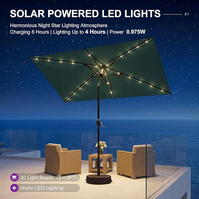 PURPLE LEAF 5' x 8' Rectangular Patio Umbrella with Solar LED Outdoor Table Umbrella Aluminum Frame Market Umbrella Sun Umbrella for Garden Deck Lawn Pool Turquoise Blue