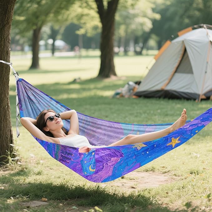 Blue-Purple Starry Sky Outdoor Hammocks with Tree Straps Swing Hammock for Outside Patio Backyard Poolside