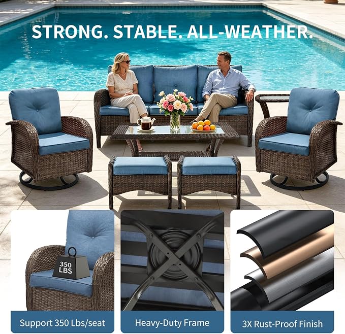 All Weather Patio Furniture Set, High Back Swivel Rocker Glider Chairs，Ottomans & Glass Tables, Outdoor Conversation Set for Deck Porch Yard Poolside (Blue, 5PCS-Swivle Chairs&Ottomans&Table)