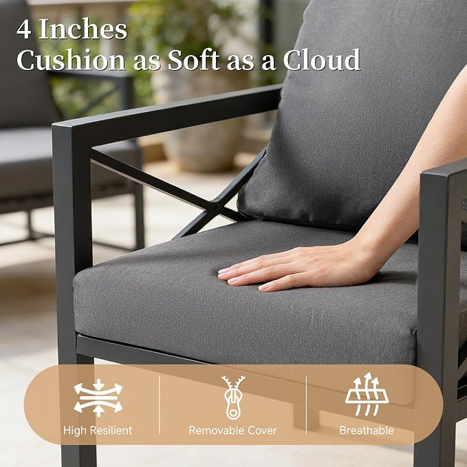 4-Piece Patio Furniture Set – All-Metal Outdoor Sectional Couch with X-Shaped Armrests, 4" Cushions & Coffee Table, Modern Patio Conversation Set for Porch, Balcony, or Deck (Grey)
