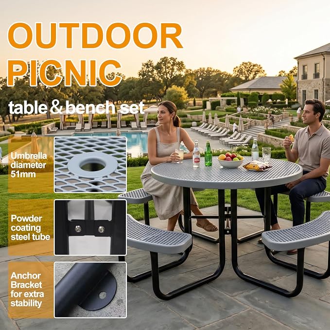 46In Round Outdoor Picnic Table – Heavy-Duty Commercial Steel Table with Thermoplastic Coating, Weatherproof & Rust-Resistant, Perfect for Parks, Patios, Schools & Campgrounds (Gray)