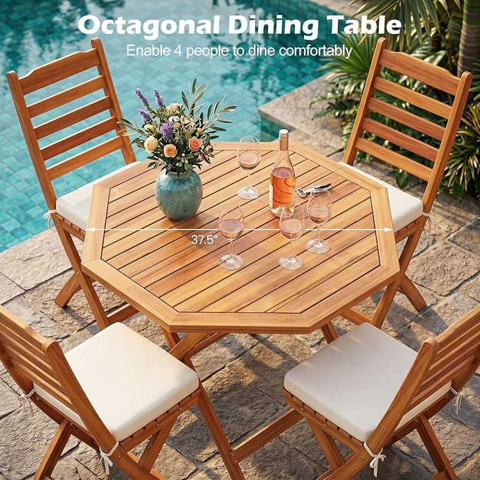 Tangkula 37.5” Folding Patio Table for 4, Acacia Wood Octagonal Outdoor Dining Table with Slatted Tabletop, Indoor Outdoor Portable Bistro Table for Poolside, Garden, Porch & Deck