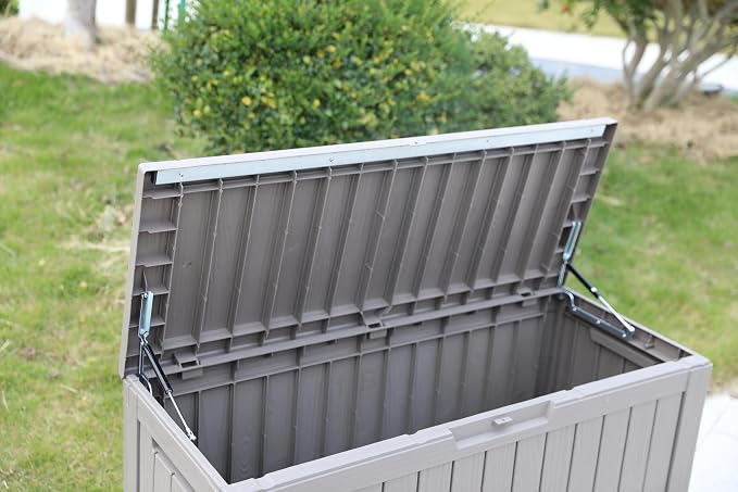 BTEXPERT 80 Gallon Deck Box Outdoor Storage Container Stainless Steel Rods for Patio Furniture Garden Tools Cushions Pool Supplies Sports Equipment Waterproof Lockable UV Resistant Set of 2