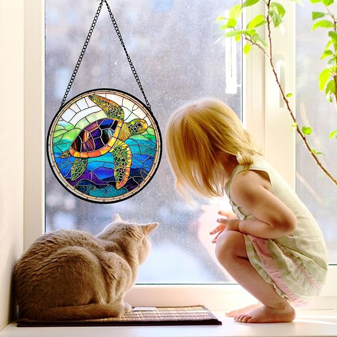 DASTOLL Stained Glass Window Hanging, Colored Turtle Ocean Suncatcher Diamond Glass Panel Hangings Marine Life Sun Catchers Decor for Birthday for Women, Men, Wife, Aunt, Mom 9.8 in
