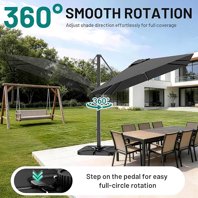 AreShark 10 × 10FT Square Cantilever Patio Umbrella with Base Included, 360° Rotation Offset Outdoor Umbrella, 5 Tilt Settings Heavy Duty Hanging Parasol for Deck Garden Pool, Grey