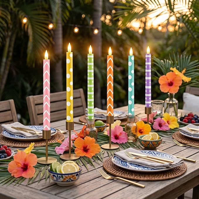 Honoson 6 Pcs Mother's Day Flameless Taper Candles 10.6 Inch Colorful Geometric Candles Battery Operated LED Candlesticks for Summer Dinner Table Home Party Decor