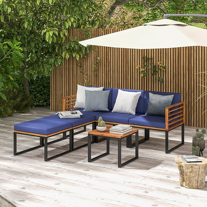Tangkula 6 Pieces Acacia Wood Patio Furniture Set, Outdoor Sectional Conversation Sofa Set with Cushions, Coffee Table and Ottomans, Metal Frame Patio Sofas for Garden, Poolside, Backyard, Navy