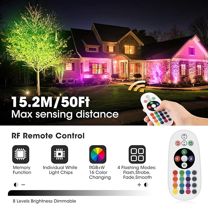9W RGB Low Voltage Landscape Lights Color Changing Remote Control Spotlights Waterproof LED Landscape Lighting for Garden Pathway Christmas Halloween Outdoor Decorative(8Pack with Connectors)