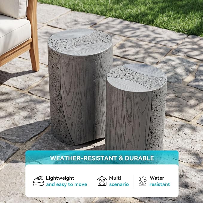 COSIEST MgO Concrete Round Side Table, Outdoor Patio Accent End Table Set of 2, Modern Coffee Table for Garden Balcony Backyard, Gray