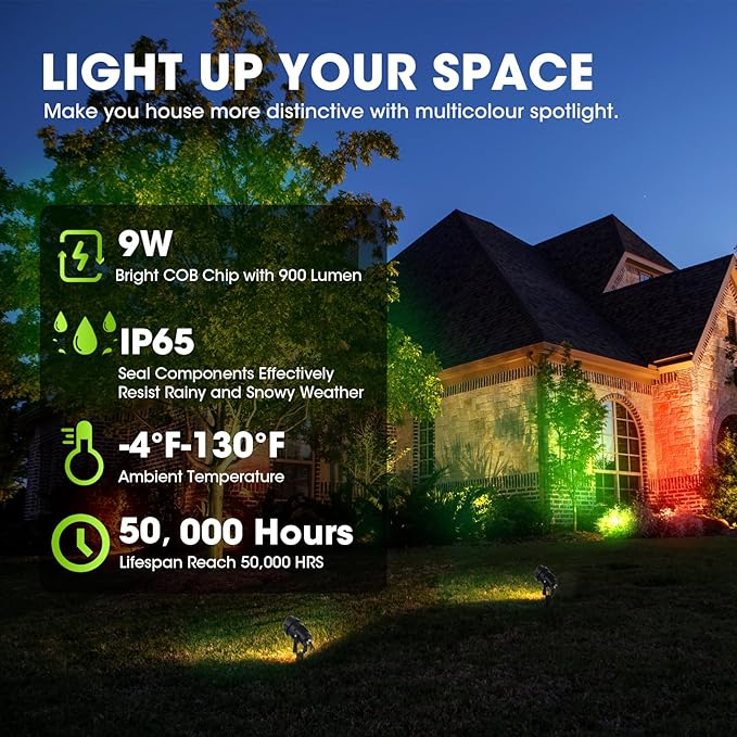 9W RGB Low Voltage Landscape Lights Color Changing Remote Control Spotlights Waterproof LED Landscape Lighting for Garden Pathway Christmas Halloween Outdoor Decorative(8Pack with Connectors)