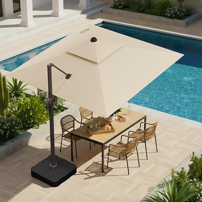 10x10 FT Patio Umbrella with Base, Large Cantilever Double Top Heavy Duty Offset Umbrellas with 360° Rotation, Outdoor shade for Garden Deck Pool, Beige