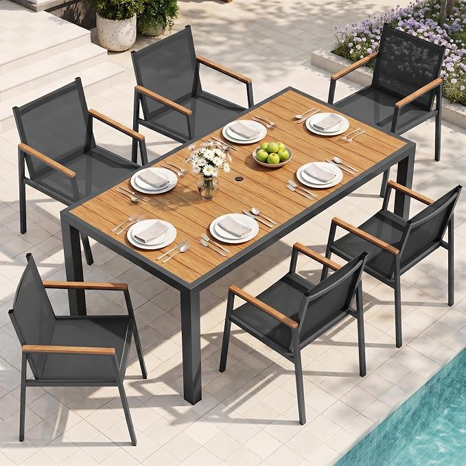 Outdoor Dining Table, Aluminum Patio Table Set, All Weather Patio Dining Furniture Set with Umbrella Hole for Backyard, Deck, Poolside (Gray-Teak)
