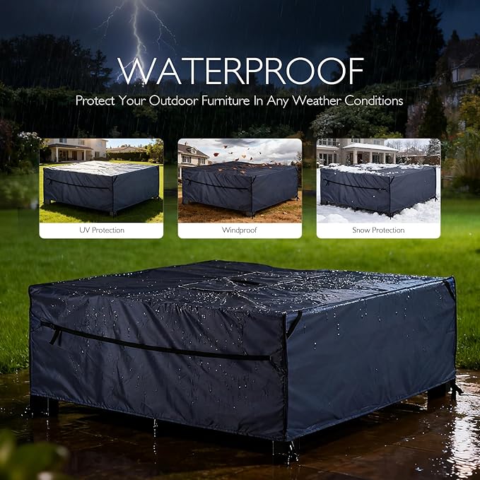 Patio Furniture Covers Waterproof - 420D Outdoor Table and Chair Set Cover with Built-in Storage Bag - Rectangular Patio Table Cover for 6-Seat Dining Set or Sectional Sofa - Darkgrey