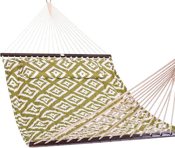 Lazy Daze Hammocks 12FT Quilted Fabric Hammock with Soft Pillow, Double 2 Person Tree Hammock with Spreader Bar for Outside Patio Poolside Backyard Beach, 450 lbs Capacity, Green Geometric