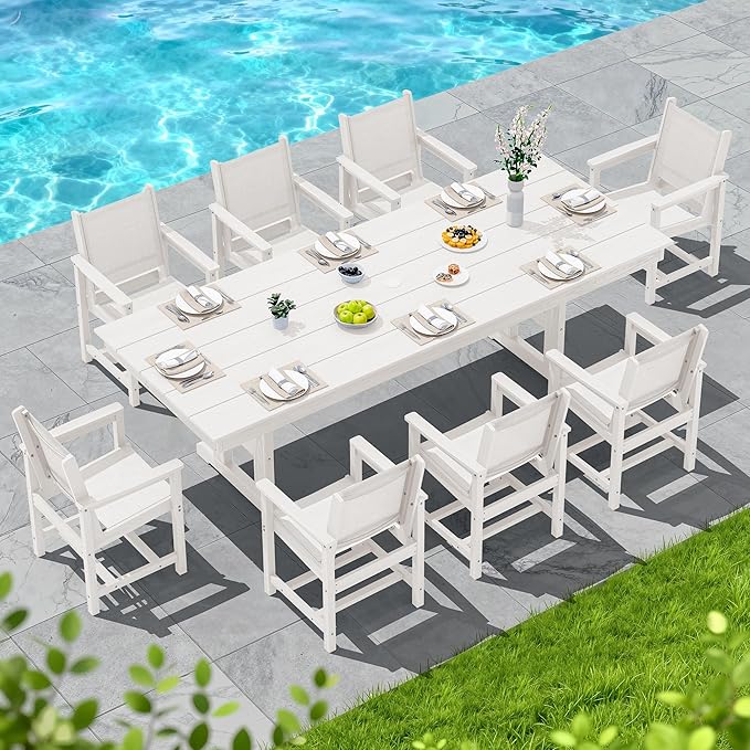 SERWALL 9 Piece Outdoor Dining Set, 84" HDPE Outdoor Large Table and Textilene Sling Chairs for 8，All Weather Patio Dining Furniture Set with Umbrella Hole for Backyard, Garden, White