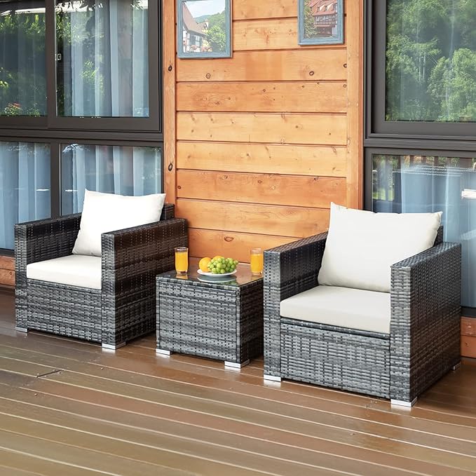 Tangkula 3 Pieces Patio Furniture Set, PE Rattan Wicker Sofa Set w/Washable Cushion and Tempered Glass Tabletop, Outdoor Conversation Furniture for Garden Poolside Balcony