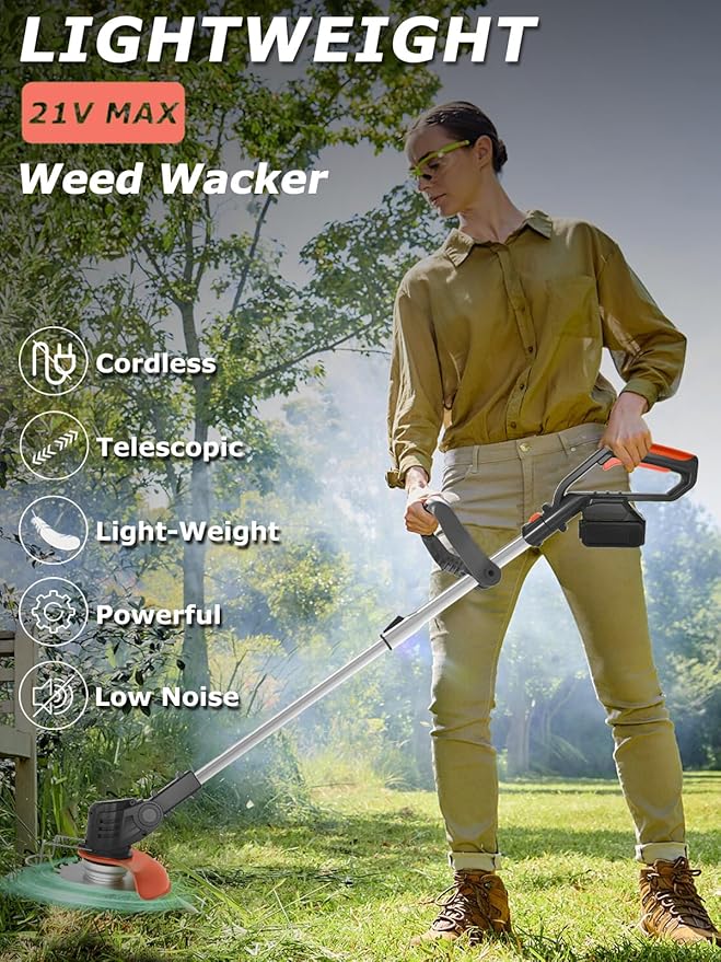 Electric Weed Wacker Cordless Battery Powered,20V Lightweight Weed Trimmer Eater with 2 Battery and Charger,3 in 1 Grass Trimmer/Brush Cutter/Lawn Edger with 26 Blade for Yard,Garden