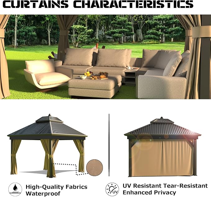 Upgraded 10’x12’ 4-Side Wall Gazebo Privacy Curtains with Zipper for Lowe's Allen Roth #GF-12S004B-1 / GF-12S004BTO / TPGAZ17-002, 4-Panels Curtains Replacement for 10-ft x 12-ft Gazebo (Khaki)