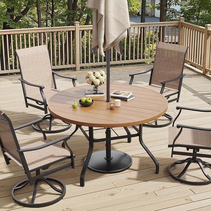 Soohow Round Outdoor Patio Dining Table, 47" Round Patio Table Wood-Like Grain with 1.57" Umbrella Hole, Metal Outdoor Dining Tables for Backyard and Poolside