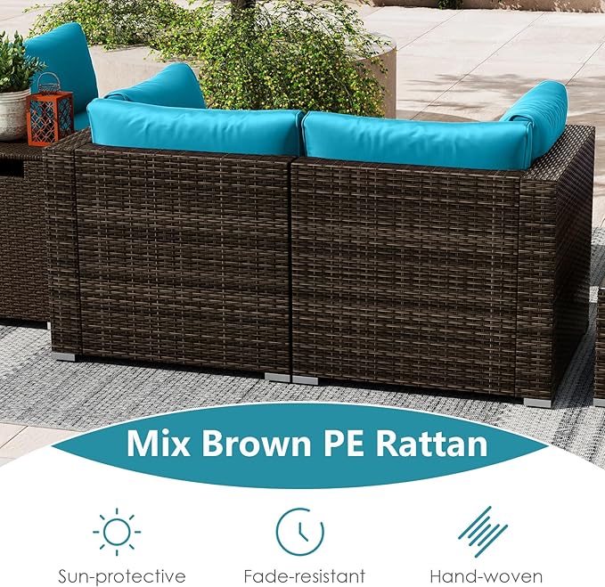Tangkula 7 Pieces Outdoor Sectional Sofa Set Set with 32” Fire Pit Table and Propane Tank Cover, for Deck, Garden and Backyard, Fire Pit Protective Cover Included (Turquoise)