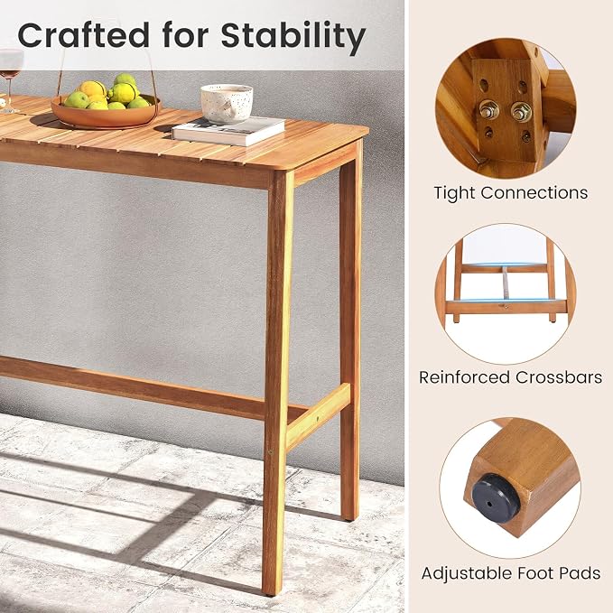 HAPPYGRILL Acacia Wood Outdoor Bar Table 55 Inch, Rectangular Pub Table with Slatted Top and Adjustable Foot Pads, for Hot Tub, Balcony, Garden and Poolside