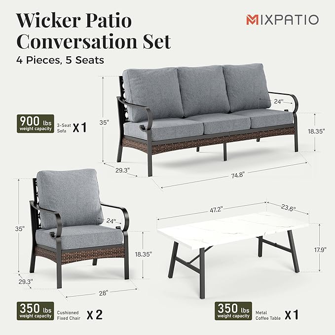 Patio Furniture Set with Coffee Table, Outdoor Conversation Set with 2 x Fixed Chairs, 1 x 3-Seat Sofa for Lawn Garden Backyard, Grey