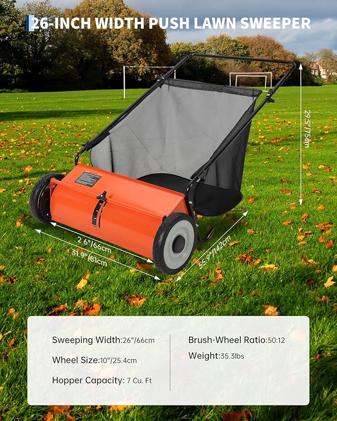26-Inch Push Lawn Sweeper, 7 Cu. Ft. Hopper Capacity Leaf & Grass Collector with 4 Spinning Brushes, Adjustable Height, for Grass Clippings, Leaves & Debris, Orange