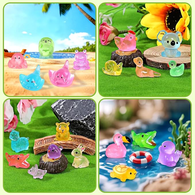 200PCS Luminous Mini Resin Animals 30 Styles, Little Small Animal Figures to Hide Tiny Resin Animals Variety Pack for Fairy Garden Accessories Micro Landscape Dollhouse Decor.