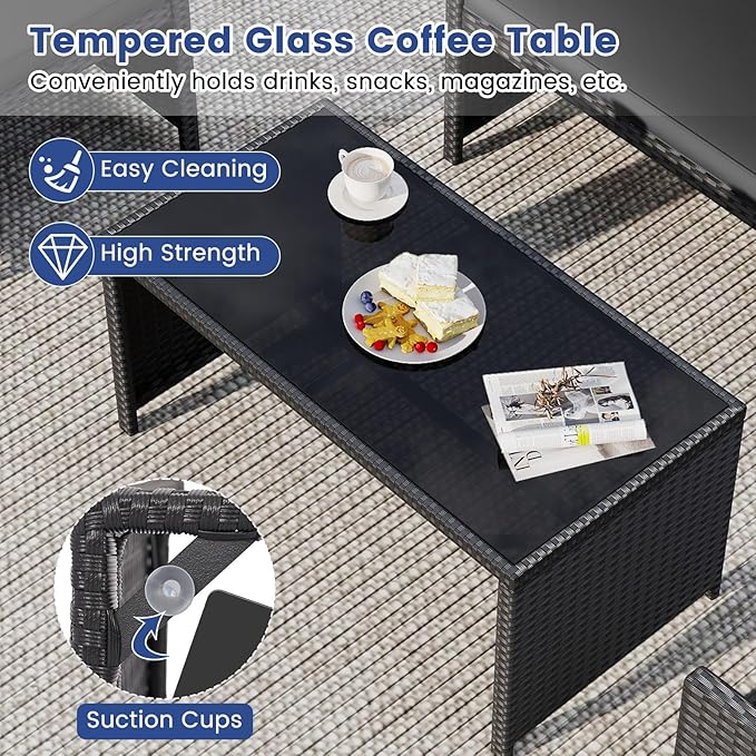 Tangkula 4 Pieces Patio Wicker Furniture Set, Outdoor Heavy Duty Rattan Cushioned Chairs, Loveseat and Tempered Glass Coffee Table, for Backyard, Balcony, Poolside (1, Black)