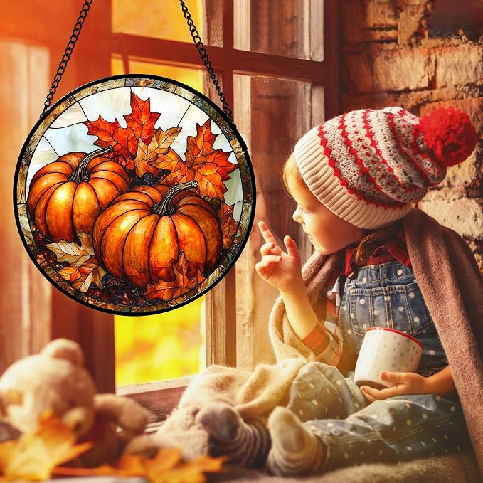 DASTOLL Stained Glass Window Hanging, Pumpkin Maple Leaf Suncatcher for Doors Home Sun Catchers Decoration and Christmas, Mother's Day Birthday Gifts for Women, Men, and Mom 6.3 in