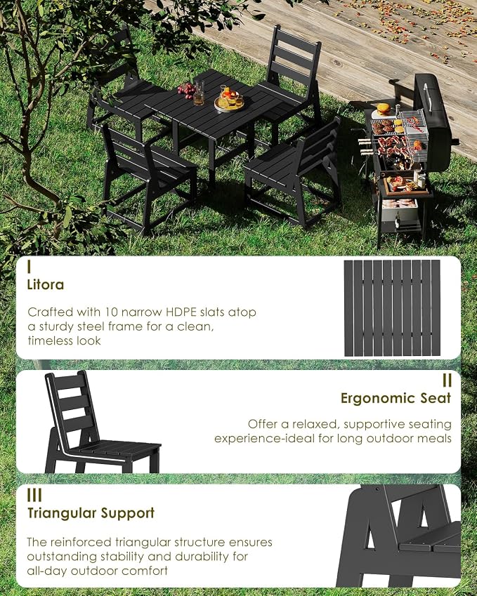 GREENVINES 5-Piece-Outdoor-Dining-Set | HDPE | Square | Patio Furniture | All Weather | Armless Chair | Slatted Table and Chairs Sets for 4 | for Backyard Poolside Garden | Black