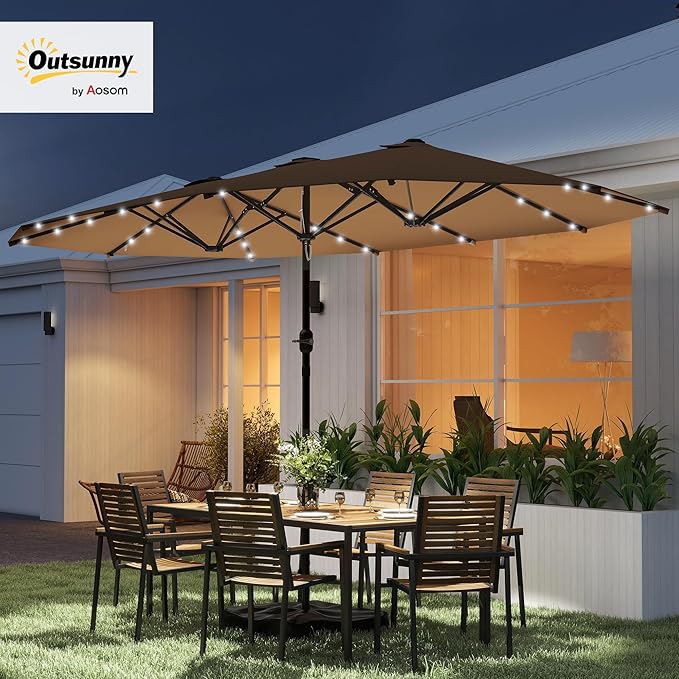 Outsunny 14.4ft Large Patio Umbrella with 36 Solar LED Lights, Double Sided Outdoor Umbrella with Base Included