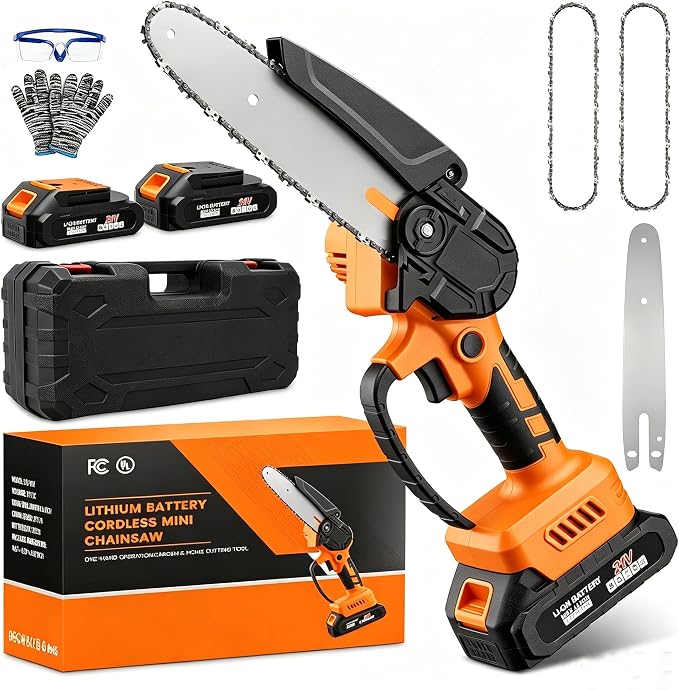 Mini Chainsaw Cordless,6-inch Electric Chain Saw with 2 Lithium Battery Powered,Hand Held Saw for Tree Trimming and Wood Cutting,Best Garden Tools,Unique Gift for boyfriend,father,Men,Orange